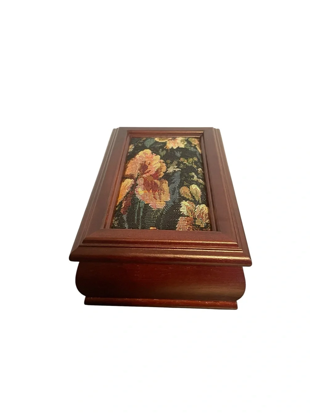 Vintage Wooden Jewelry Box Floral Tapestry Lid Mirror Removable Tray Brown